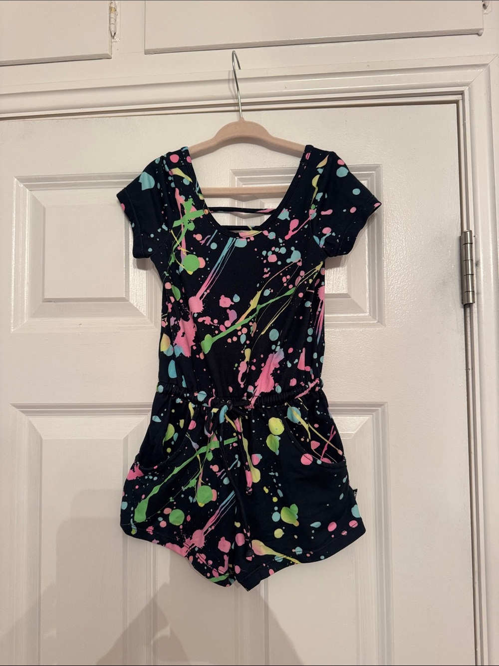 PixieLane Black Paint-Splash Short Romper - Bright Neon Print